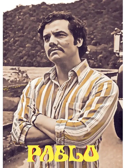 A man wearing a yellow white and brown striped shirt featured in decorbites™ pablo escobar drug lord pablo escobar wall art