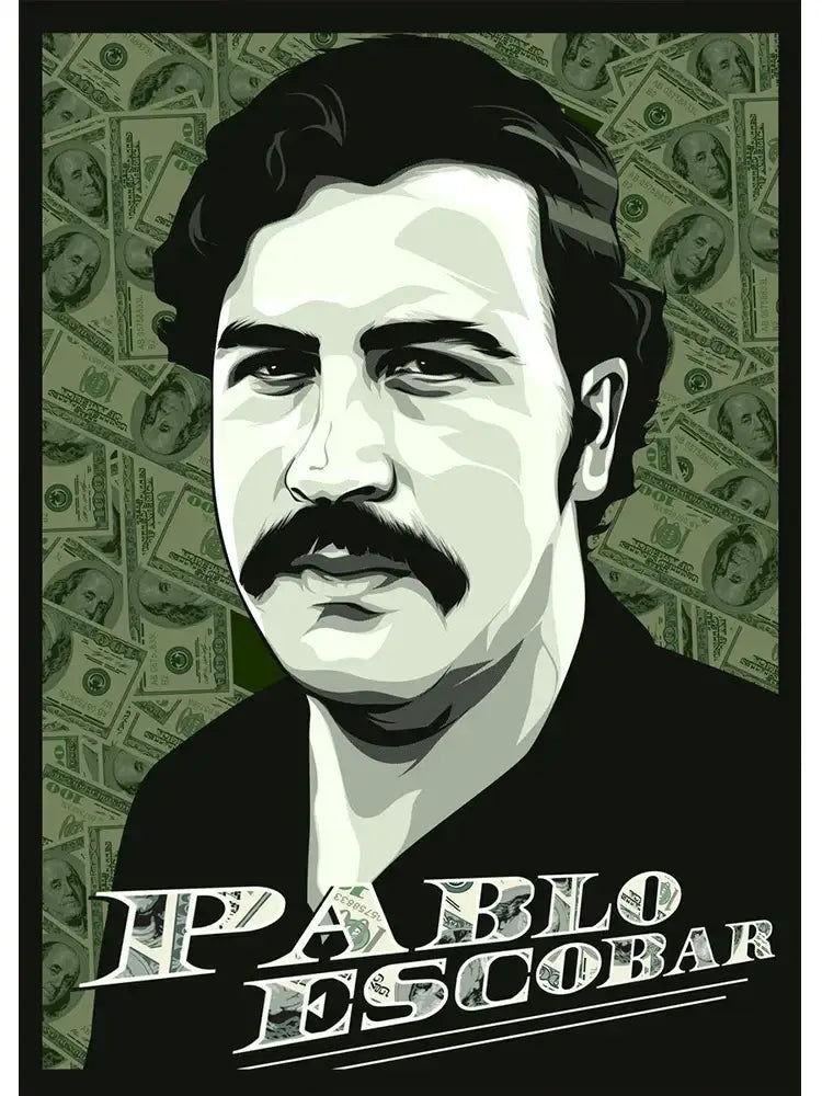 Stylized black-and-white pablo escobar wall art on canvas with green dollar bill background and bold white lettering decorbites™