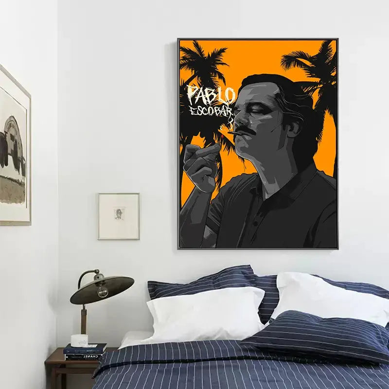 Vibrant orange and black framed pablo escobar wall art featuring lord pablo escobar stylized portrait with palm trees