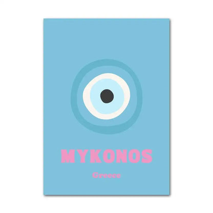 Light blue rectangular wall art poster with pastel abstract flower design and pink mykonos lettering for home decor