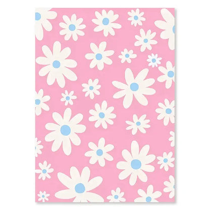 Pink floral notebook cover with white daisies and light blue centers for decorbites™ pastel danish flower wall art print