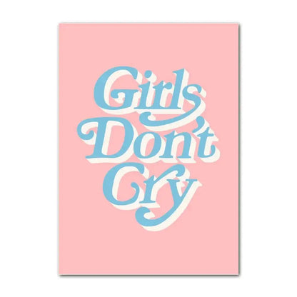 Decorbites pastel danish flower wall art print featuring pink canvas with girls dont cry in light blue cursive lettering