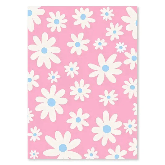 Decorbites™ pastel danish flower wall art poster featuring a pink floral notebook cover with white daisies and blue centers