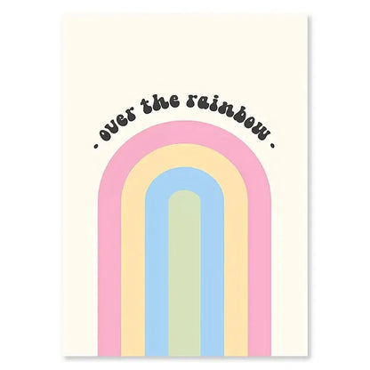 Decorbites™ pastel danish flower wall art print with pastel rainbow and over the rainbow in black cursive script