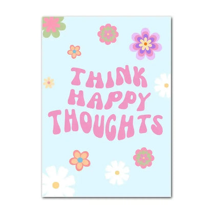 Decorbites™ pastel danish smiley flower canvas wall art with blue background and pink think happy thoughts text
