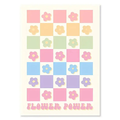 Decorbites pastel danish smiley flower canvas wall art with pastel floral checkerboard and flower power text