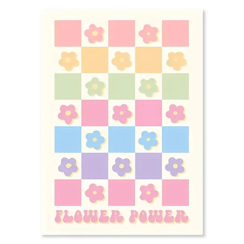 Decorbites pastel danish smiley flower canvas wall art with pastel floral checkerboard and flower power text