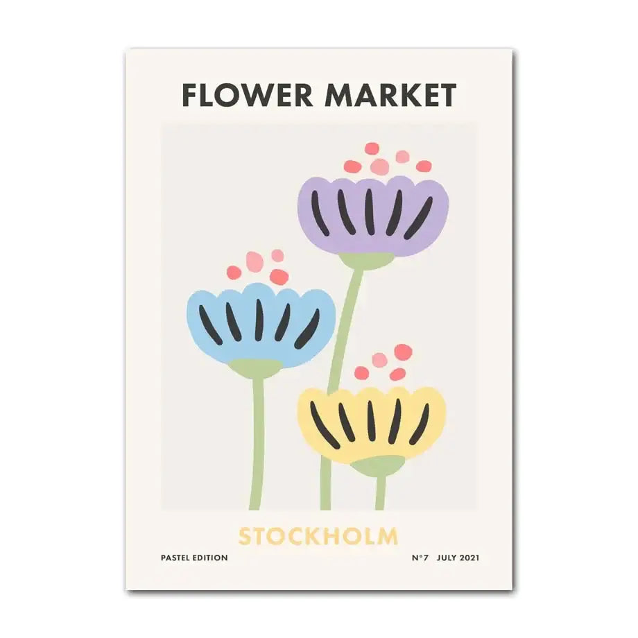 Decorbites™ pastel danish smiley flower canvas wall art featuring stylized purple blue and yellow smiley flower design