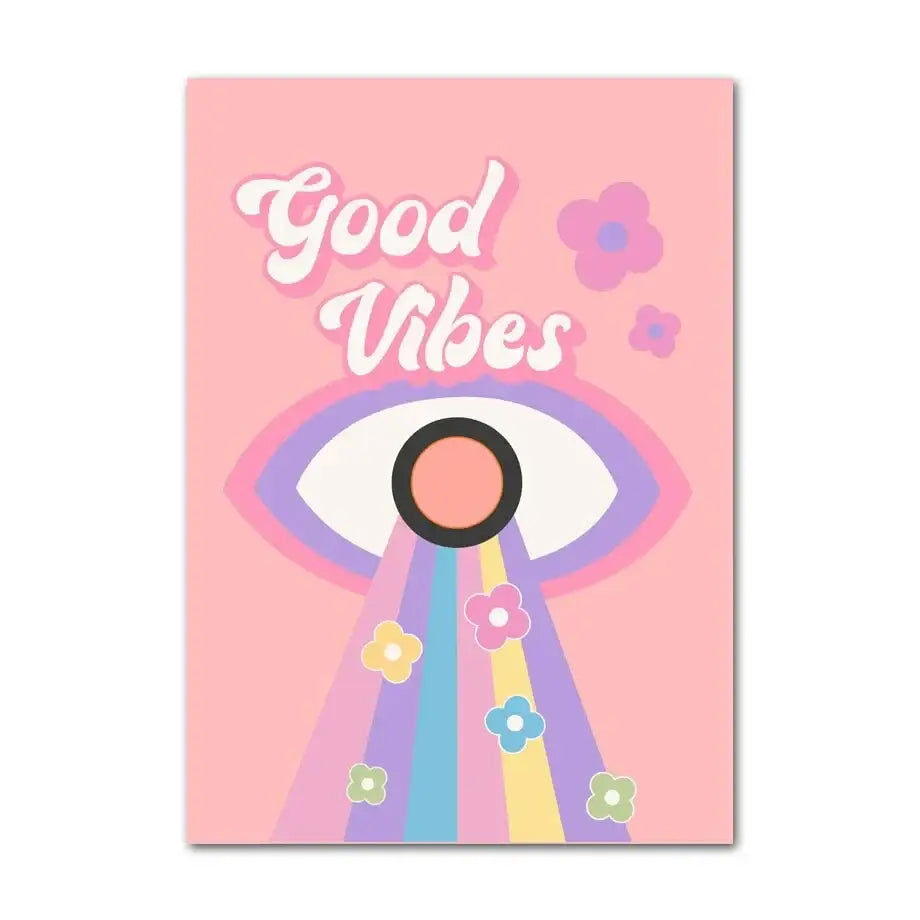 Pink rectangular canvas wall art featuring a pastel danish smiley flower and rainbow rays with good vibes text
