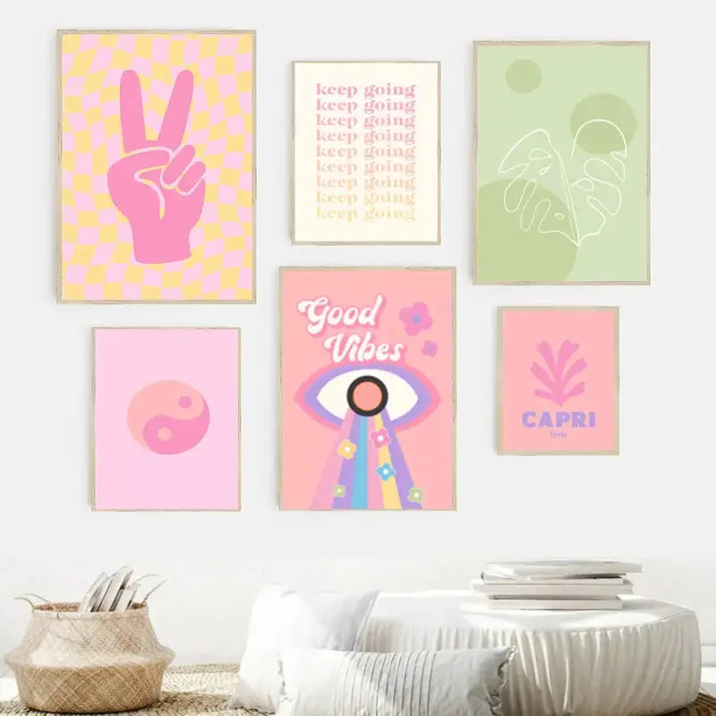 A set of six pastel danish smiley flower canvas wall art posters in vibrant pink yellow and green with motivational phrases