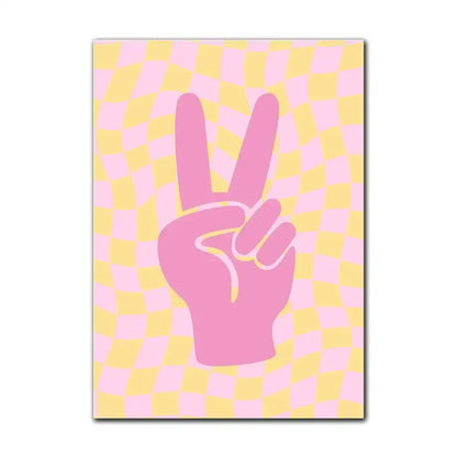 Decorbites™ pastel purple flower wall art poster featuring a pink peace sign hand graphic on a pastel checkered background