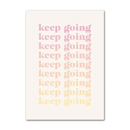Minimalist rectangular wall art print with keep going text fading from soft pink to pale yellow in decorbites pastel purple smiley flower decor
