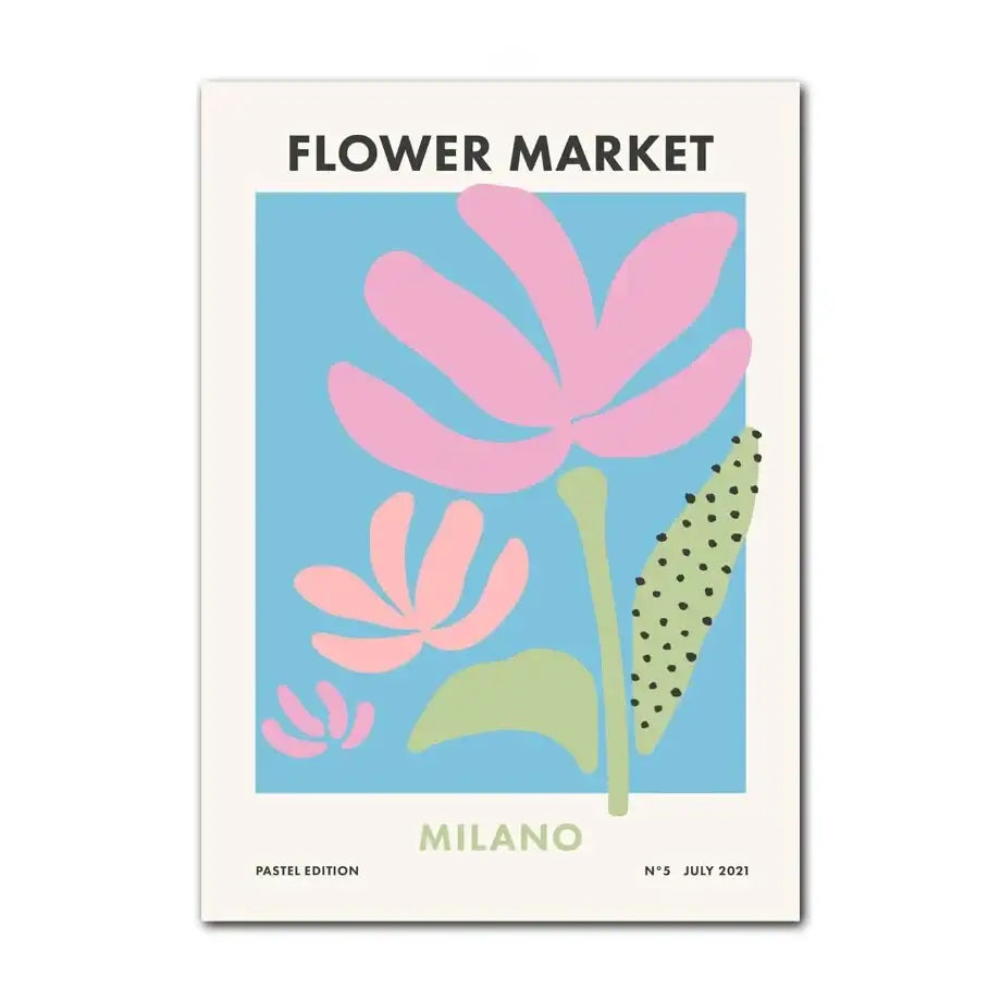Decorbites™ pastel smiley flower canvas art print featuring danish pastel pink and peach blossoms on light blue background