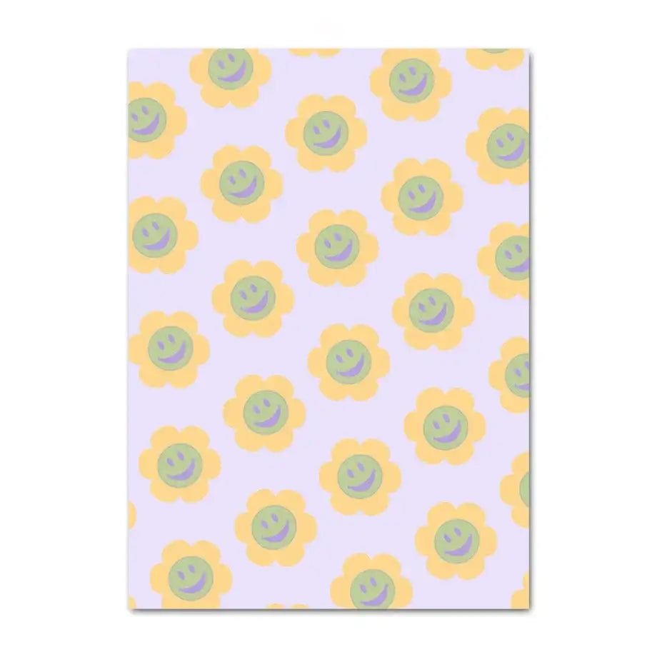 Decorbites™ pastel smiley flower canvas art print featuring a lavender notepad with cheerful yellow smiley flowers