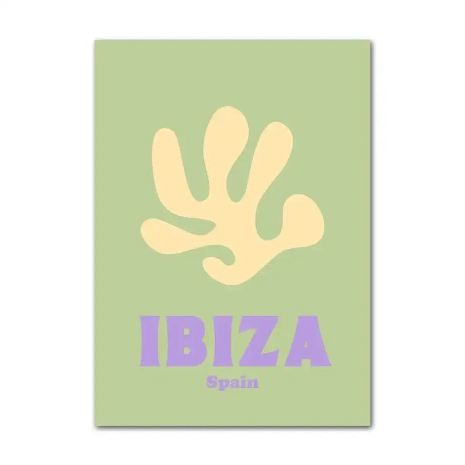 DecorBites™ pastel smiley flower canvas art print with a stylized yellow handprint and ibiza spain text on mint green background
