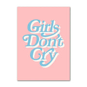 Pink rectangular canvas art print with girls don’t cry in light blue cursive featuring danish pastel smiley flower design