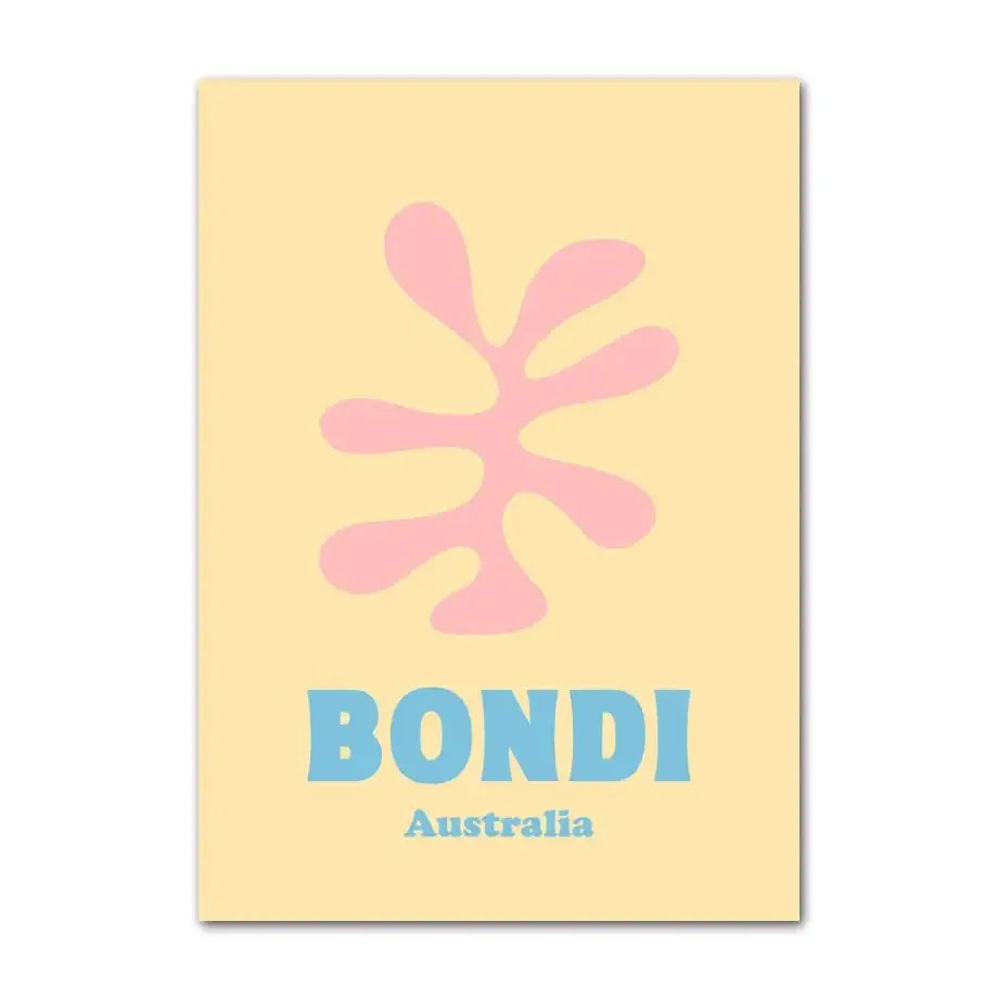 Pastel yellow rectangular canvas art print featuring a pink stylized smiley flower and bondi australia text in danish pastel style
