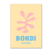 Pastel yellow rectangular wall art featuring a pink pastel smiley flower and bondi australia text on canvas by decorbites