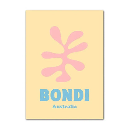 Pastel yellow rectangular wall art featuring a stylized pink smiley flower canvas with bondi australia text in blue