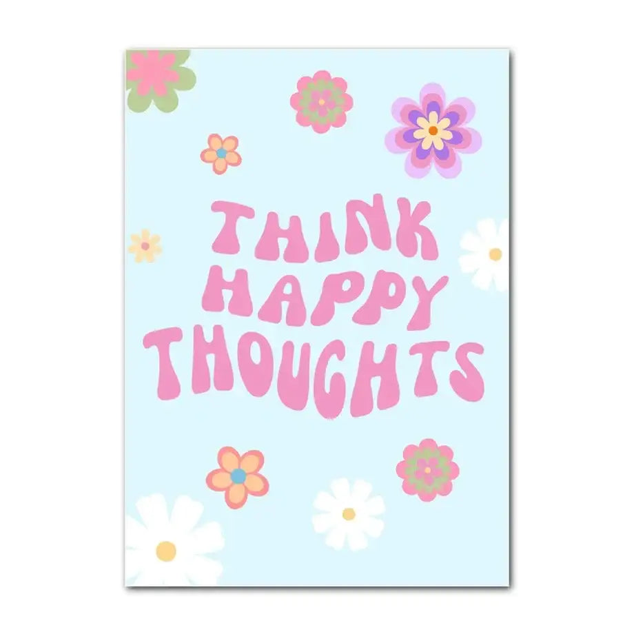 Decorbites pastel smiley flower wall art poster featuring think happy thoughts in bold pink on a blue card