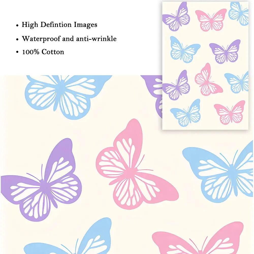 Decorbites™ pastel smiley flower wall art poster featuring butterfly-patterned cotton fabric in soft pink lavender and blue hues
