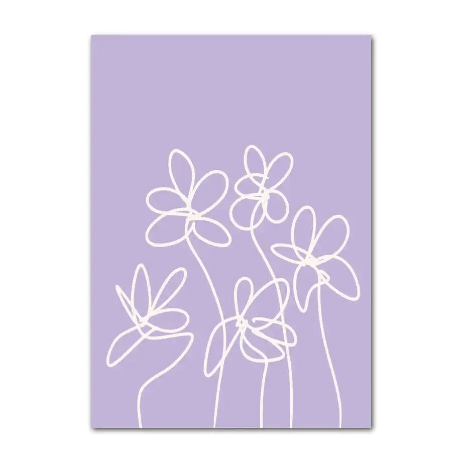 Lavender-colored canvas wall art poster featuring minimalist white smiley flower line drawings by decorbites for home
