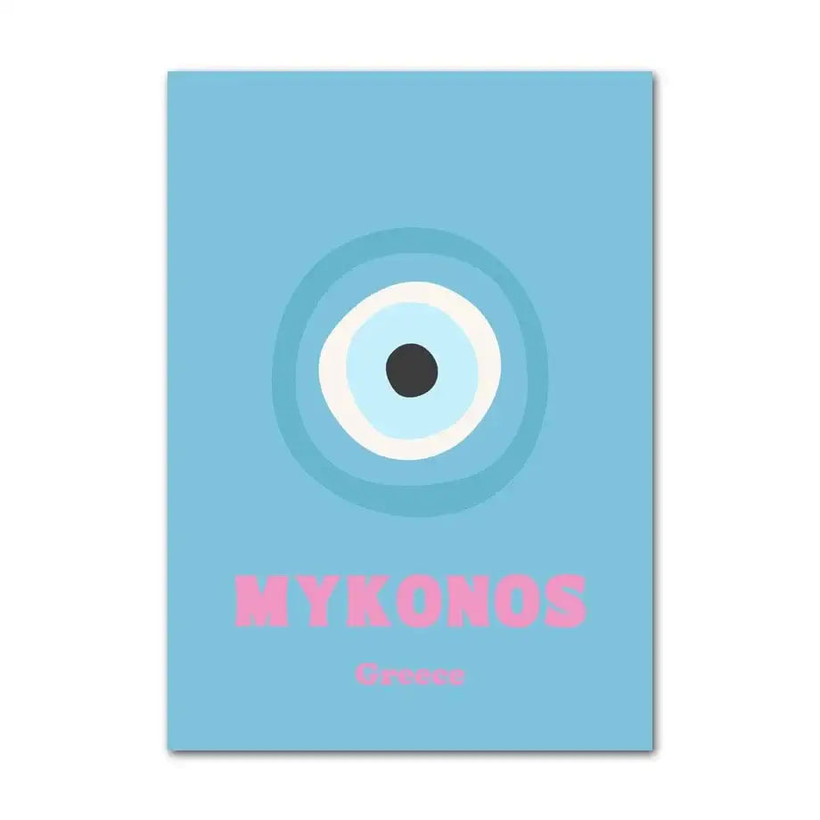 Light blue rectangular smiley flower wall art poster with stylized eye design and pink mykonos lettering by decorbites