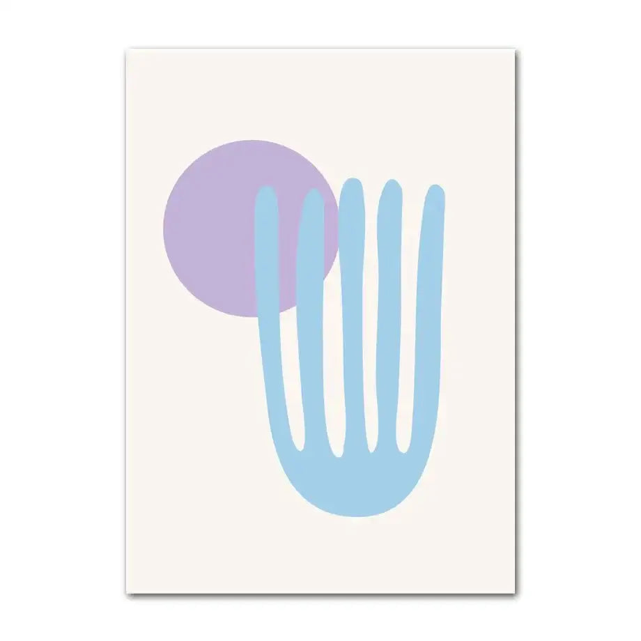 Decorbites™ pastel smiley flower wall art poster featuring a minimalist light blue hand and soft purple circle on off-white background