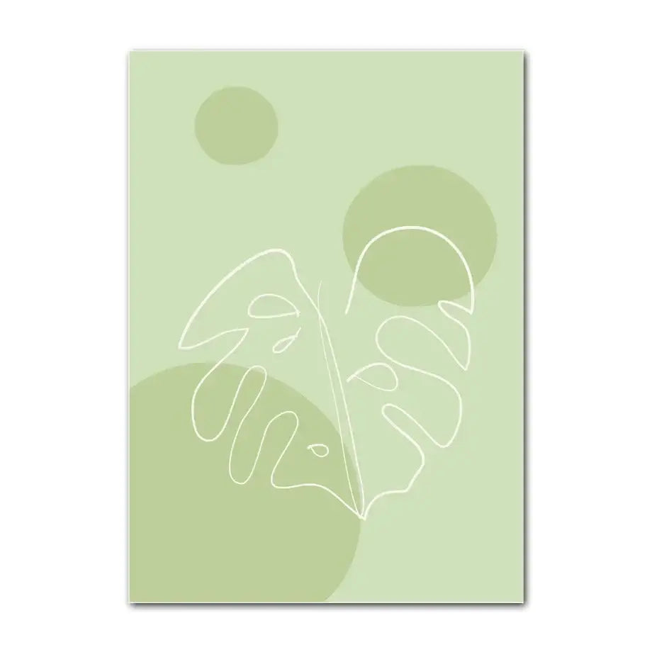 Decorbites pastel smiley flower wall art poster featuring minimalist white monstera leaf on sage green background