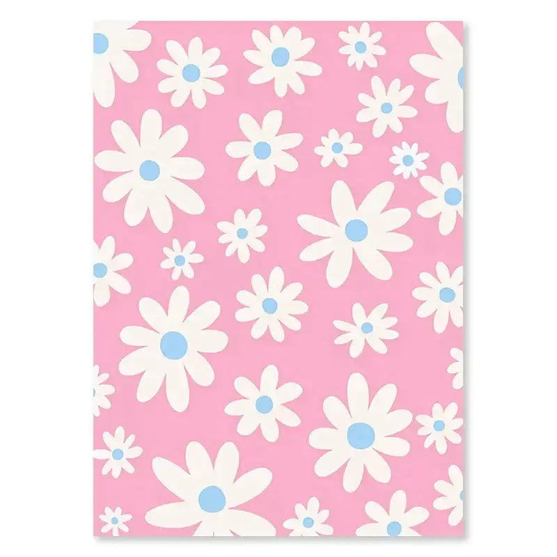 Decorbites pastel smiley flower wall art notebook cover with pink background white daisies and light blue centers wall art poster