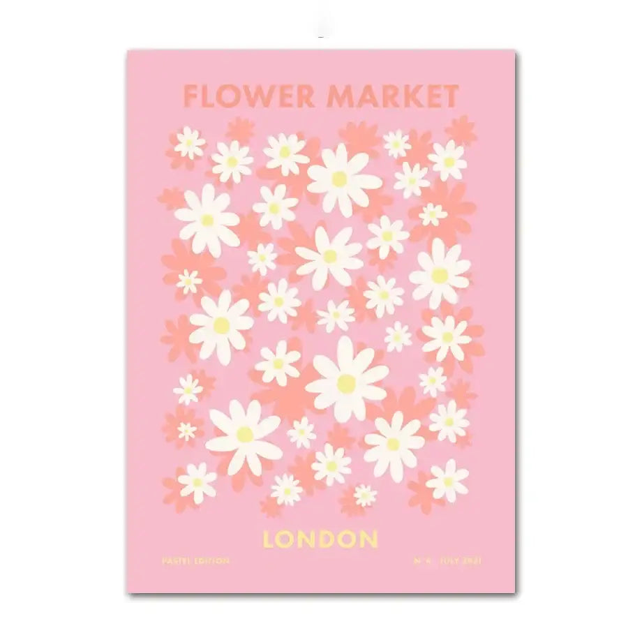 Pink flower market wall art poster with white daisies peach accents and gold london text for home decorbites smiley flower