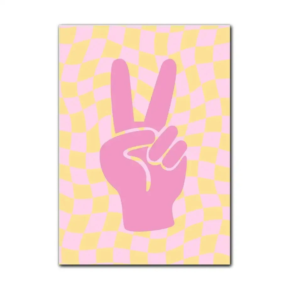 Decorbites™ pastel smiley flower wall art poster featuring a pink peace sign hand on pastel yellow and pink checkered background