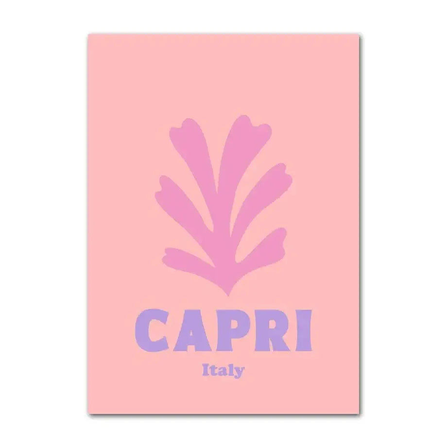 Pink rectangular wall art poster featuring a purple seaweed silhouette and the word capri for home decorbites wall art