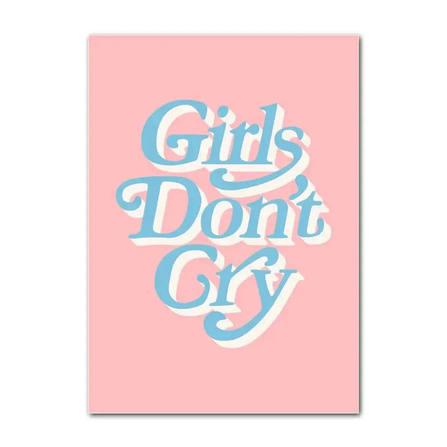 Pink rectangular canvas wall art poster with girls don t cry phrase in light blue cursive for home decorbites smiley flower wall art