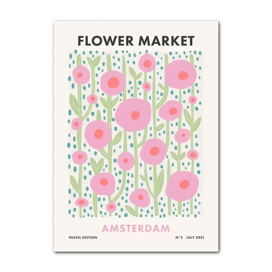DecorBites™ pastel smiley flower wall art poster with pink and teal floral illustration titled flower market Amsterdam