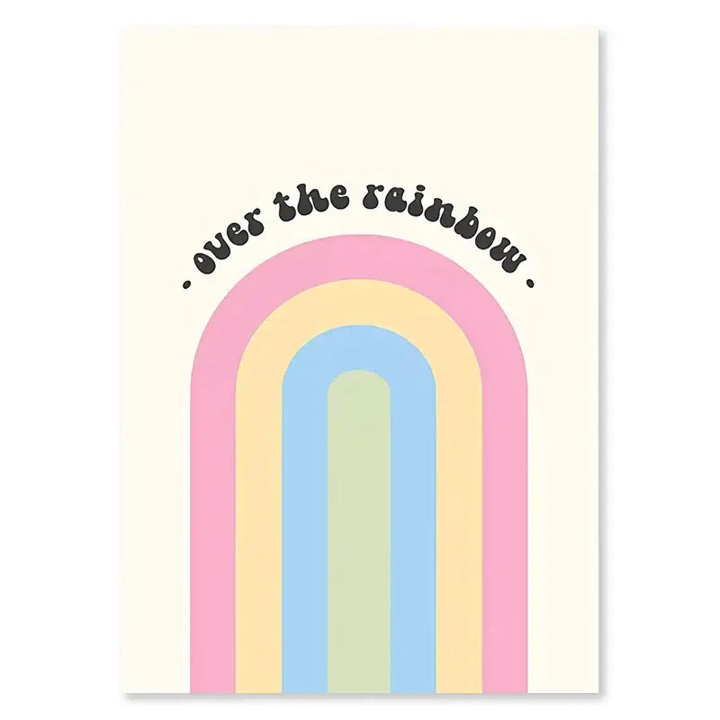 DecorBites™ pastel smiley flower wall art poster with pastel rainbow and over the rainbow cursive script wall art