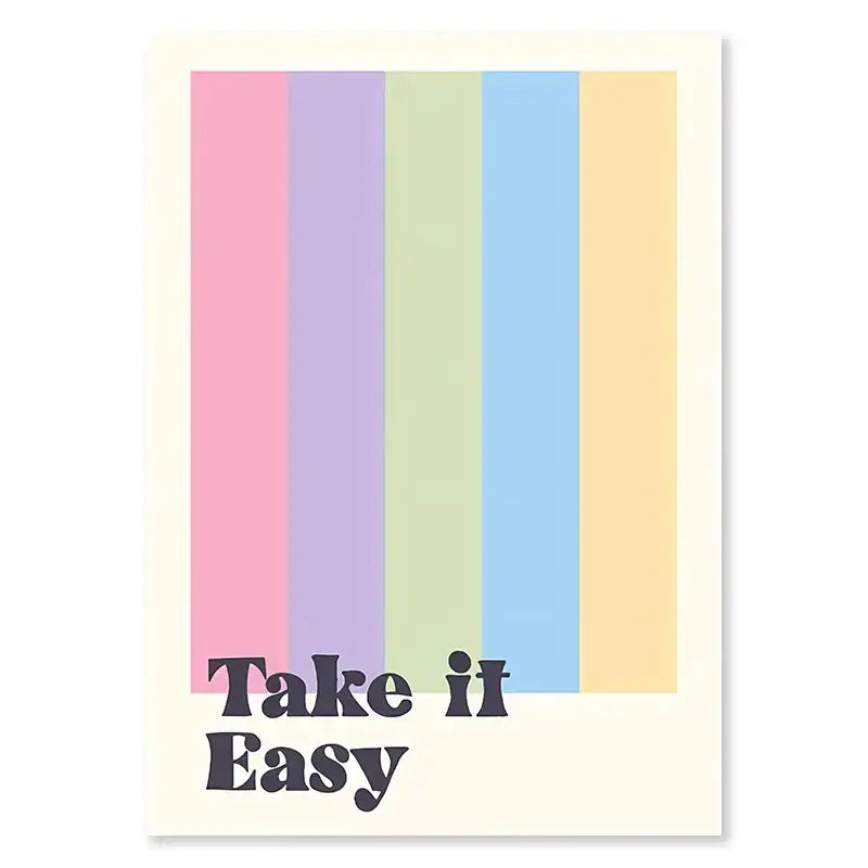 DecorBites™ pastel smiley flower wall art poster with pastel rainbow stripes and take it easy text in dark gray
