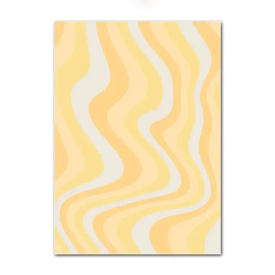 A decorbites™ pastel smiley flower wall art poster featuring a rectangular canvas with flowing yellow and off-white stripes