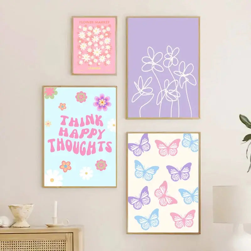 Set of four pastel-colored framed wall art posters featuring smiley flower and butterfly designs for home decor