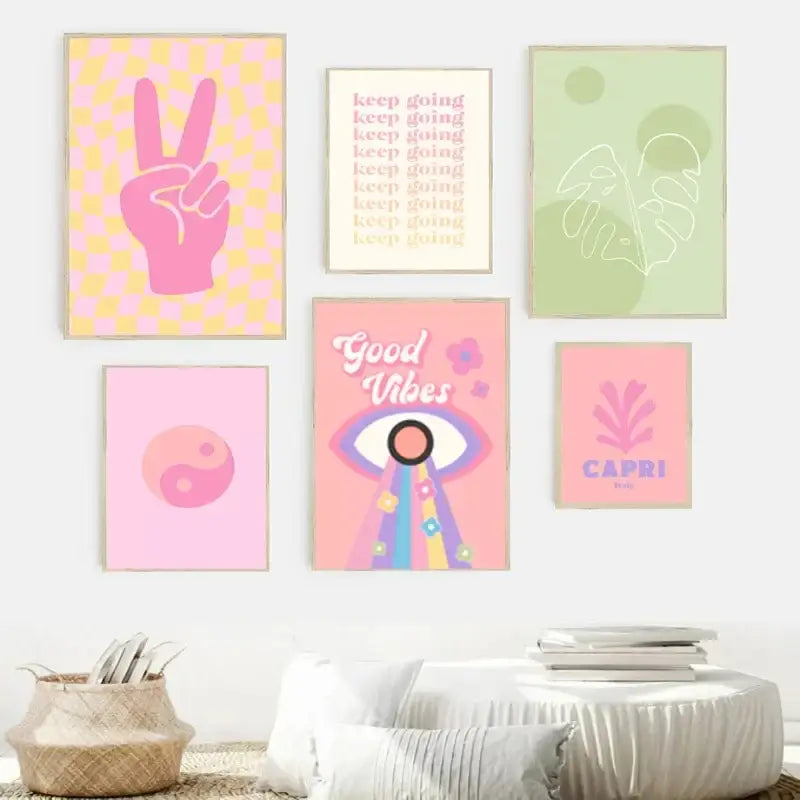 A set of six vibrant pastel-colored framed wall art posters featuring smiley flower and retro bohemian designs by decorbites