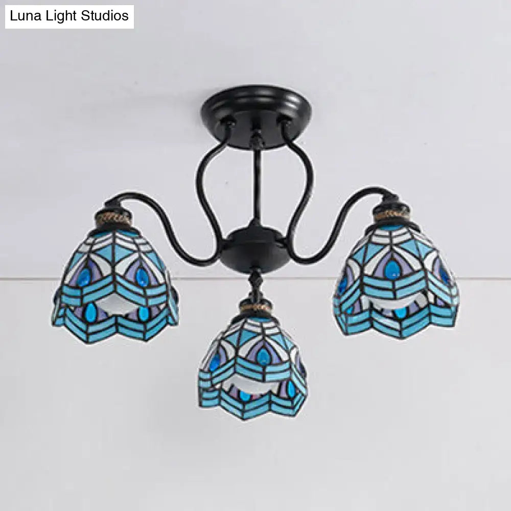 Decorbites™ peacock stained glass semi flush light with blue and white stained glass and black metal arms
