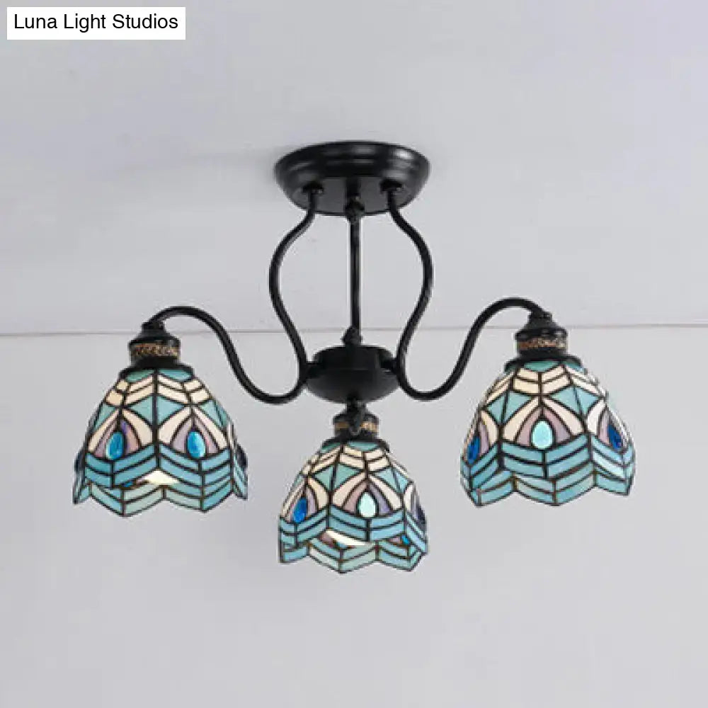 DecorBites™ peacock stained glass semi flush light with three teal and cream shades on black metal frame