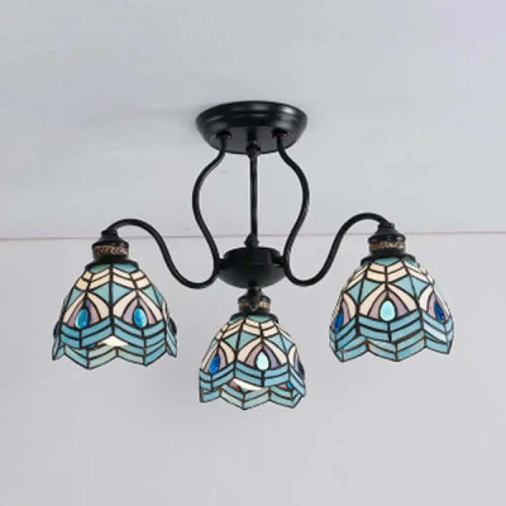 Stylish DecorBites™ peacock stained glass semi flush light with black metal frame and three blue teal shades