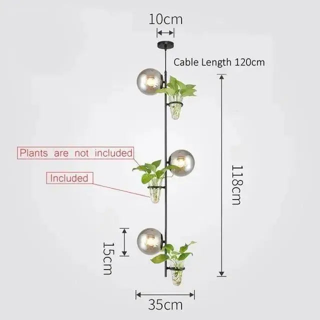 DecorBites™ modern black metal pendant planter light with three glass globes and clear glass planters holding green foliage