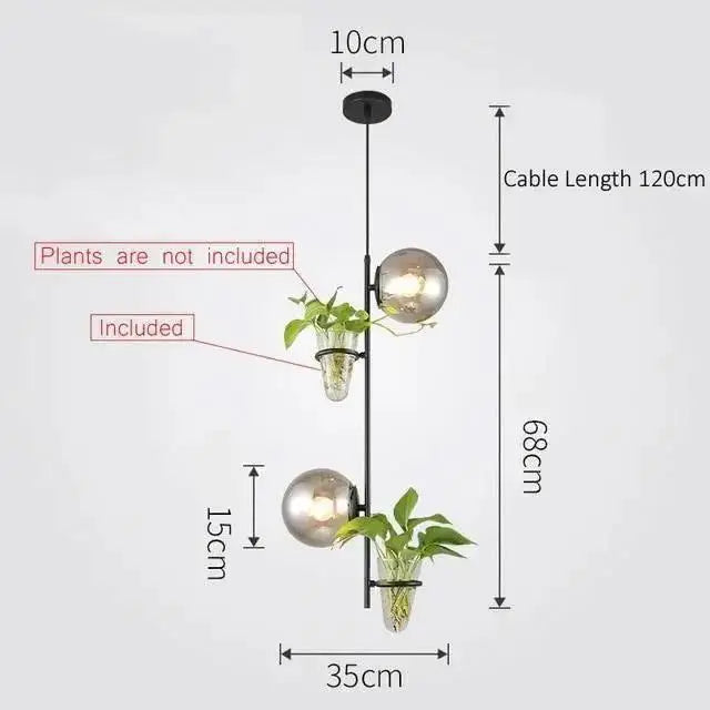 DecorBites pendant planter light in black metal with two glass shades and clear acrylic plant holders with greenery