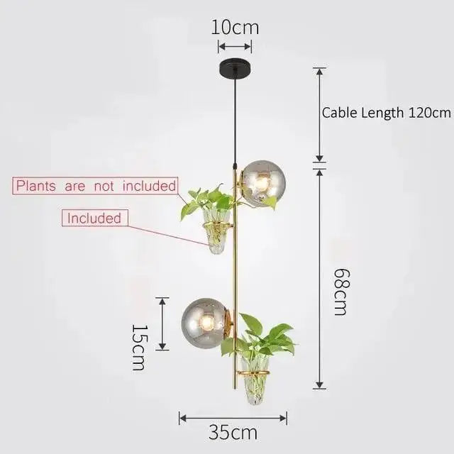 Decorbites pendant planter light with brass finish, three glass shades, integrated plant holders, and 120cm cable length