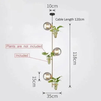 DecorBites pendant planter light with three glass bulbs, integrated plant holders, and sleek metallic frame