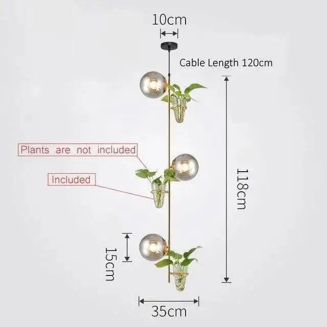DecorBites pendant planter light with three glass bulbs, integrated plant holders, and sleek metallic frame