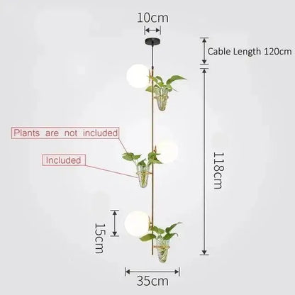 DecorBites™ pendant planter light with three frosted glass shades and clear glass planters on brass rod