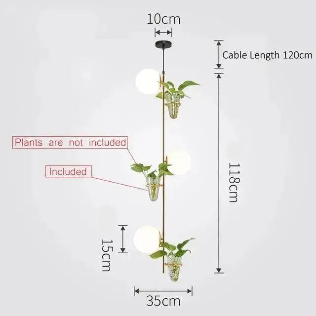 DecorBites™ pendant planter light with three frosted glass shades and clear glass planters on brass rod